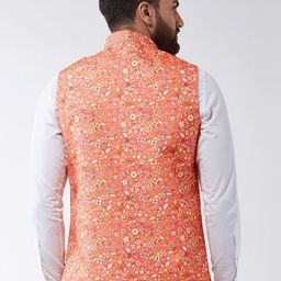 SOJANYA Men Peach-Coloured & Yellow Printed Nehru Jacket image 4