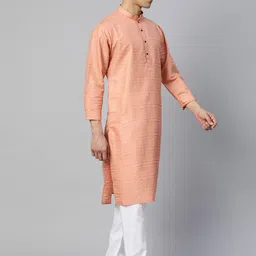 MANQ Men Peach-Coloured Solid Kurta with Pyjamas image 4