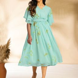 Janasya Dobby Georgette Tie-Dye Fit & Flare Dress-image-11