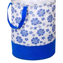 Kuber Industries Blue & White Printed Round Foldable Laundry Basket With Handles image 3