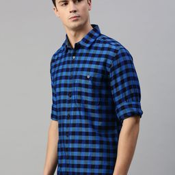 Harvard Men Blue Regular Fit Checked Sustainable Casual Shirt-image-56