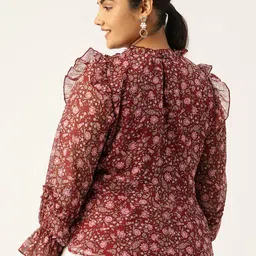 Antheaa Curve Plus Size Ethnic Motifs Printed Ruffles Chiffon A-Line Top image 4