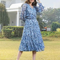 plusS Blue Floral Printed Puff Sleeve Dress-image-50