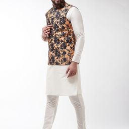 SOJANYA Men Off-White & Peach-Coloured Kurta with Churidar & Printed Nehru Jacket image 2
