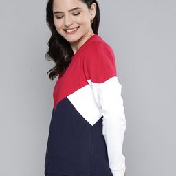 HERE&NOW Women Red & Navy Blue Colourblocked Sweatshirt-image-30