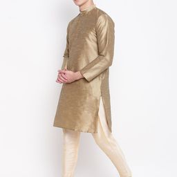 MAG Men Taupe & Cream-Coloured Self Design Kurta with Churidar & Nehru Jacket image 5