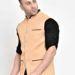 Hangup Men Beige Solid  Nehru Jacket image 4