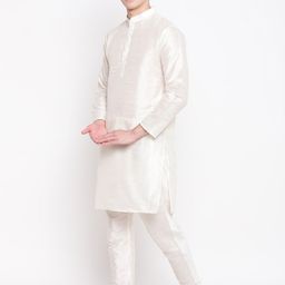 MAG Men Cream-Coloured & Grey Solid Kurta with Churidar & Nehru Jacket image 5