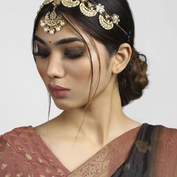 KARATCART Gold-Plated White Kundan-Studded Pearl Beaded Handcrafted Matha Patti-6