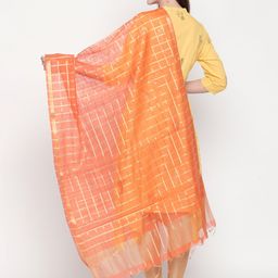 Dupatta Bazaar Orange & Gold-Toned Checked Dupatta image 4