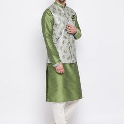 VASTRAMAY Men Green Regular Kurta with Churidar & Nehru Jacket image 4