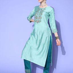 Sangria Floral Yoke Design Regular Sequinned Kurta with Trousers & With Dupatta image 4