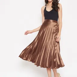Uptownie Lite Women Brown Satin Pleated Midi Skirt-41