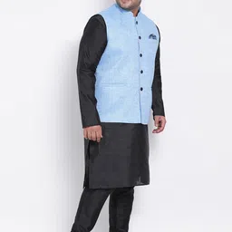 Hangup Men Black & Blue Solid Dupion Silk Kurta with Pyjamas & Jacket image 3