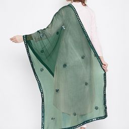 Clora Creation Green & Silver-Toned Solid Mirror Ornamented Dupatta image 4