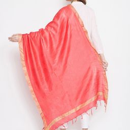 Clora Creation Coral & Gold-Toned Solid Dupatta image 3
