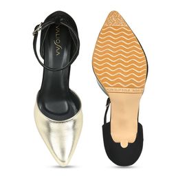 VALIOSAA Gold Kitten Heeled Pumps with Buckles image 2