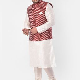 DEYANN PLUS Men Off-White & Red Solid Kurta with Pyjamas & Nehru Jacket image 4