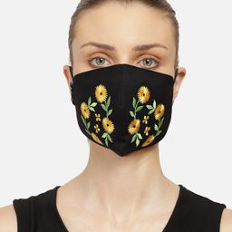 Anekaant Women 3-Ply Reusable Black & Yellow Floral Embroidered Cloth Mask-15