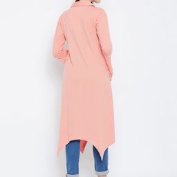 Hypernation Peach-Coloured Solid Open Front Bell Sleeves Longline Shrug image 3