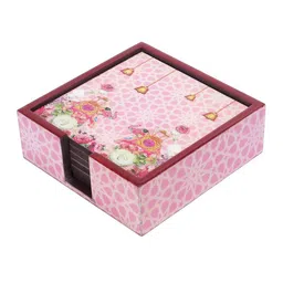 eyda Set Of 6 Pink & Yellow Digital Printed Square Wooden Coasters With Holder image 3