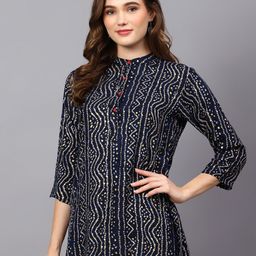 Indietoga Women Plus Size Navy Blue Mandarin Collar Bandhani Printed Tunic-picture-27
