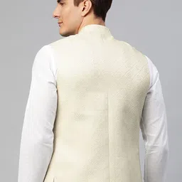 MANQ Men Cream-Coloured Ethnic Motifs Jaquard Woven Design Nehru Jacket image 5