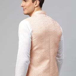 MANQ Men Peach-Coloured Ethnic Motifs Jaquard Woven Design Nehru Jacket image 5