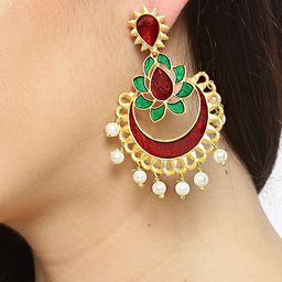 YouBella Red Gold-Plated Enamelled & Beaded Crescent Shaped Chandbalis-3