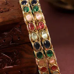 Rubans Set of 2 18K Gold-Plated Multi-Coloured Oval Stone Studded Designer Bangles image 3