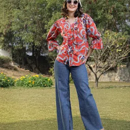 plusS Coral Abstract Print Bell Sleeves Shirt Style Top-image-86