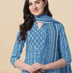 KALINI Ethnic Motifs Printed Pure Cotton Kurta with Trousers & Dupatta-7
