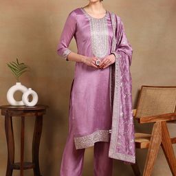 AHIKA Mauve Ethnic Motifs Embroidered Sequinned Kurta with Trousers & Dupatta-picture-4