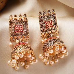 Rubans Gold-Plated & White Enamel Handpainted Dome Shaped Jhumkas Earrings-5