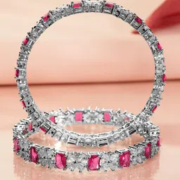 Rubans Set of 2 Rhodium-Plated Ruby Pink & White Cubic Zirconia Studded Bangles image 4
