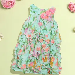 Nauti Nati Girls Green & Pink Ruffled Floral Georgette A-Line Dress-image-22