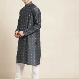 SOJANYA Men Charcoal Grey & White Self Design Kurta with Churidar image 3