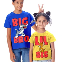 BonOrganik Girls Yellow  Red Tom And Jerry Rakhi Theme Printed Pure Cotton T-shirt-image-34