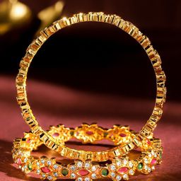 Rubans Set of 2 22K Gold-Plated Ruby Pink & Emerald Green Stone Handcrafted Bangles image 2