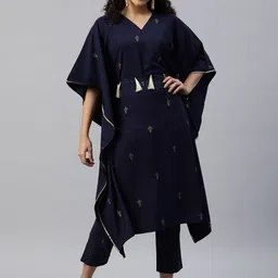 SheWill Women Navy Blue Foil Print Kaftan Kurta with Cropped Trousers-image-28
