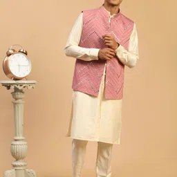 SHRESTHA BY VASTRAMAY Men Embroidered Mirror Work Jacket With Front Open Kurta & Trousers image 4