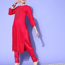 Sangria Floral Embroidered Regular Sequinned Kurta with Trousers & With Dupatta image 3