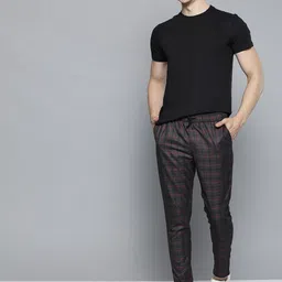 Mast & Harbour Men Charcoal Grey & Red Regular Fit Checked Trousers-image-61
