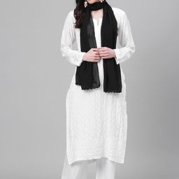 ADA Women Black Floral Chikankari Hand Embroidered Sustainable Handloom Dupatta-55
