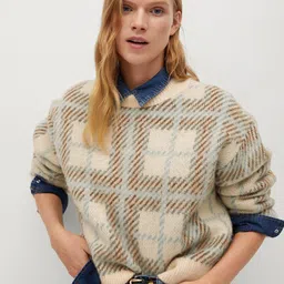 MANGO Women Cream-Coloured & Brown Checked Pullover Sweater-image-62