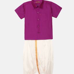 Thangamagan Boys Medium Violet Solid Panjagajam & Shirt Set-32