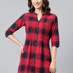 One Femme Checked Pure Cotton Pleated Kurti-image-94