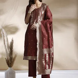 Anouk Zari Woven Design Kurta with Trousers & Dupatta image 2