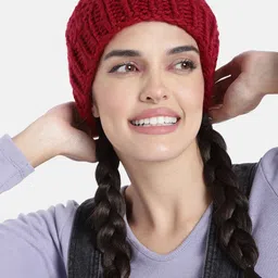 Magic Needles Unisex Maroon Hand Knitted Self Design Beanie-image-13