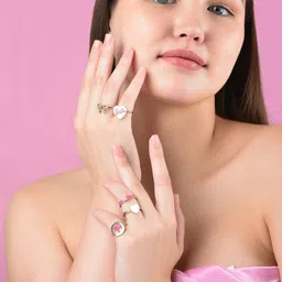 ToniQ Set Of 5 Barbie Enamel Heart Gold Plated Finger Rings image 3
